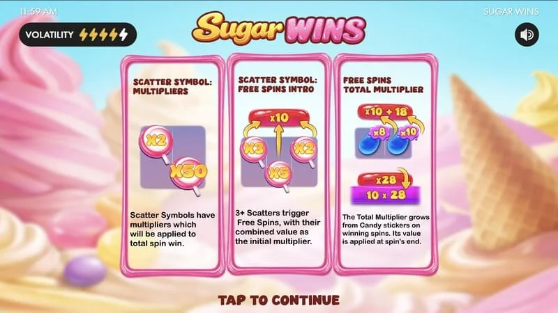 Sugar Wins – เมนูหลักของสล็อต
